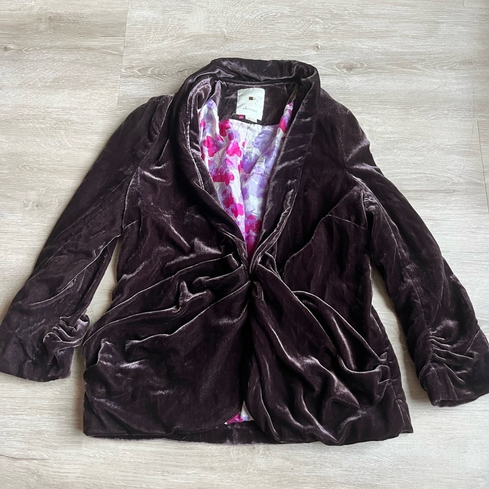 Elevenses Anthropologie Brown Crushed Velvet Cardigan Blazer Sz 2 Silk Interior